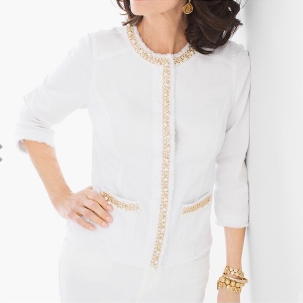 Chico’s Embellished Denim Jacket In‎ Optic White